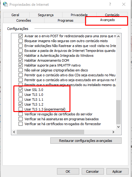 TLS 1.2 e SSL 3.0 selecionados