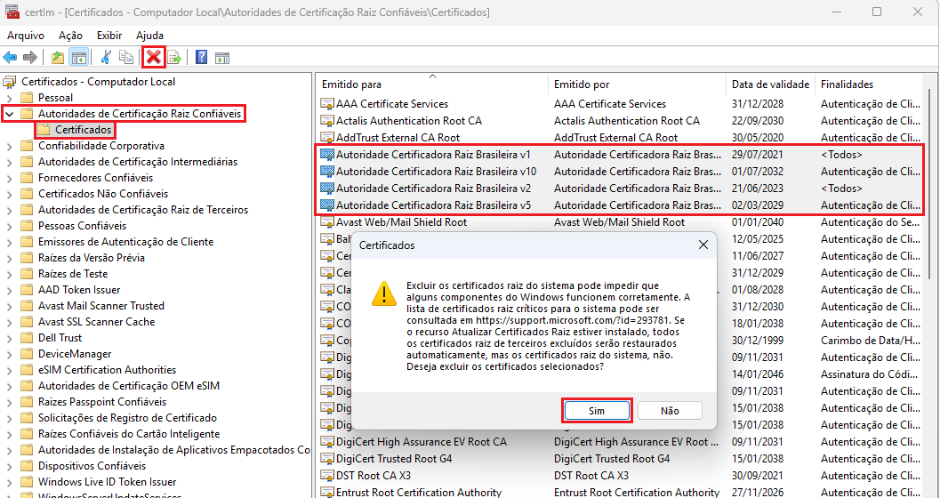 Excluir certificados raiz