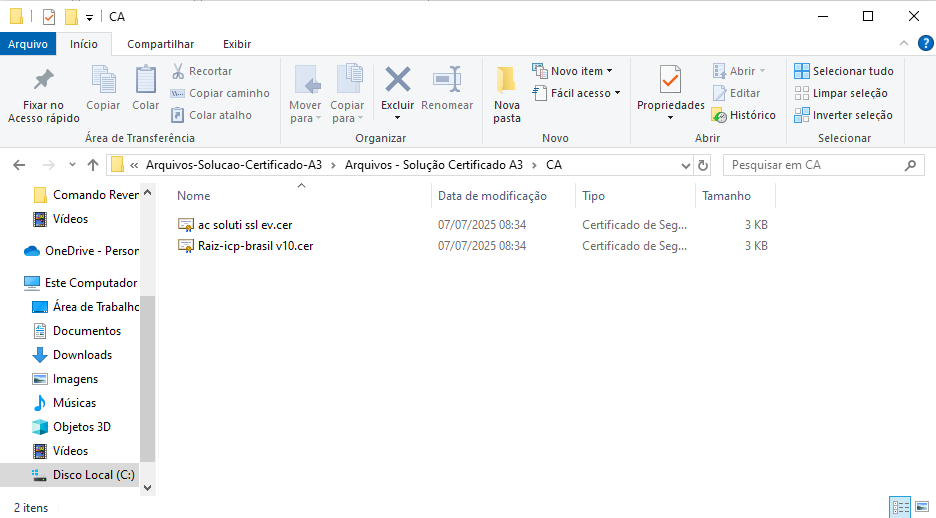Instalação dos certificados da pasta CA