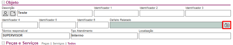 Botão do campo Defeito Relatado