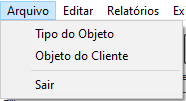 Menu Arquivo do Cadastro de Objetos