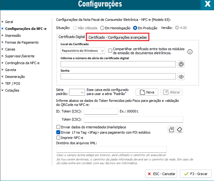 Configurações avançadas na NFC-e