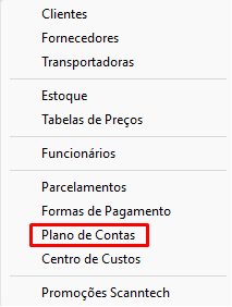 Menu Cadastro Plano de Contas