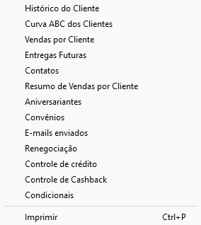 Menu Relatórios de Clientes