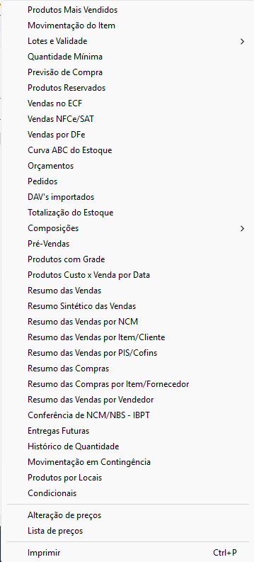 Menu Estoque - aba Relatórios