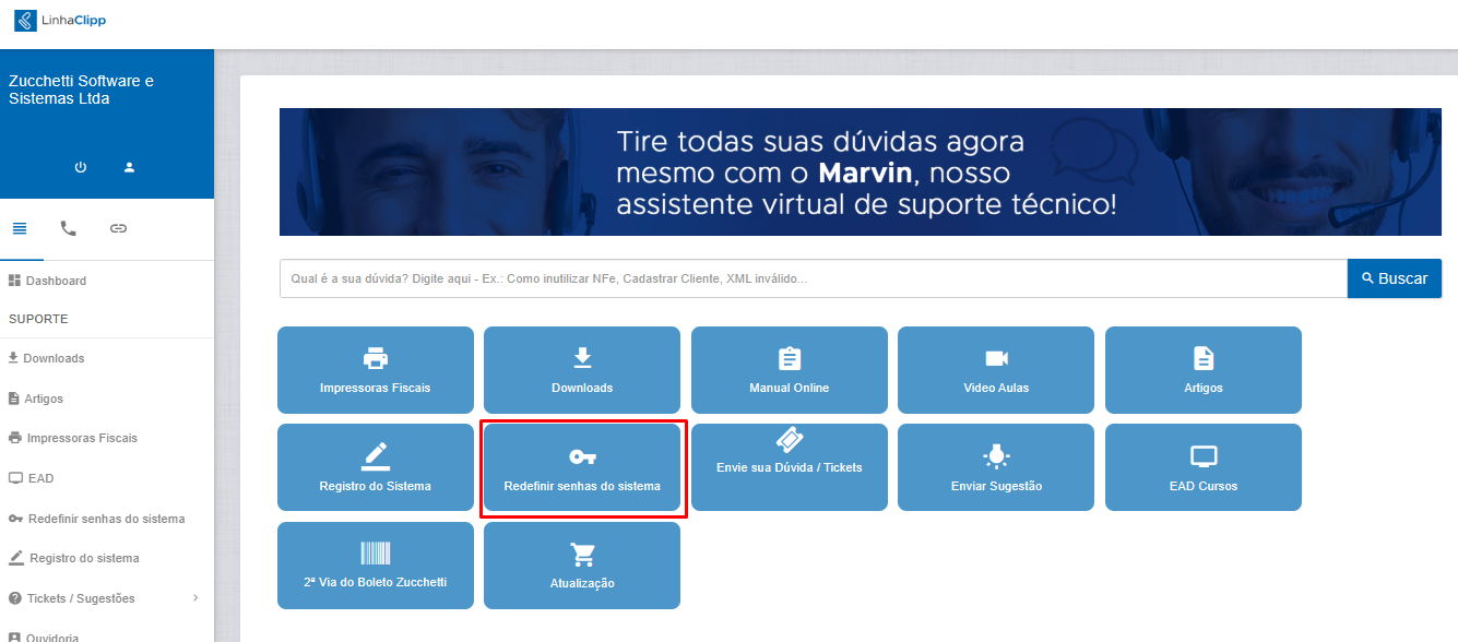 Opção Redefinir senhas do sistema
