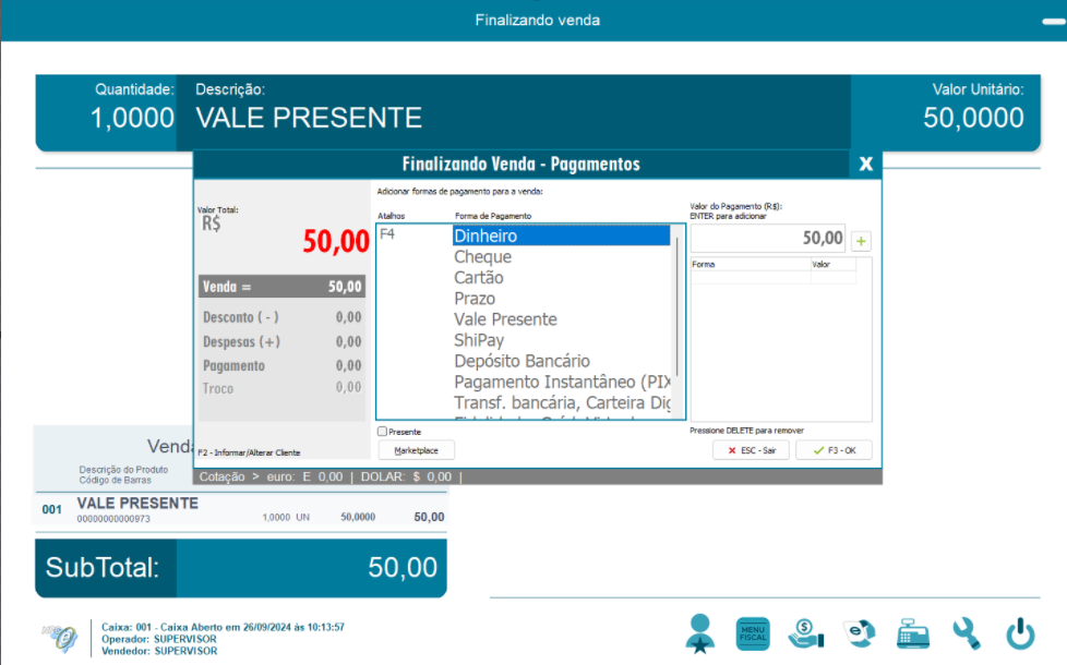 Venda do produto Vale Presente