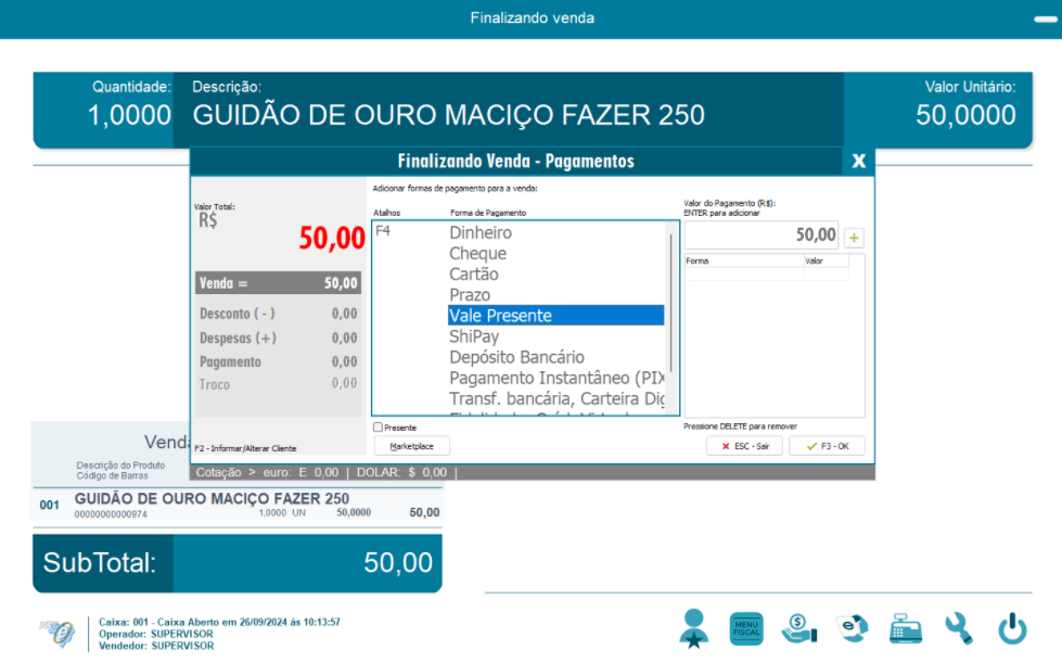 Utilização do vale presente na venda
