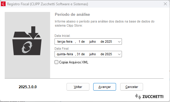 Período e opção Copiar arquivos XML