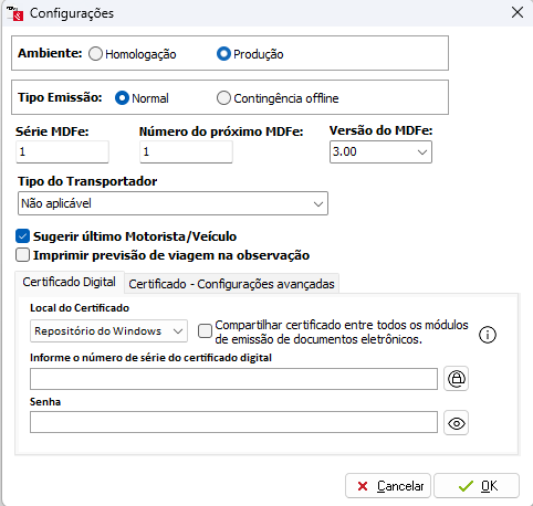 Configuração do emissor de MDF-e