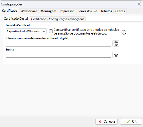 Configuração do emissor de CT-e
