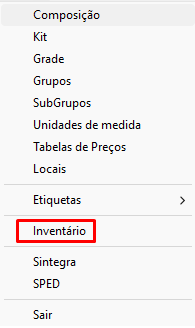 Menu Arquivo, Inventário