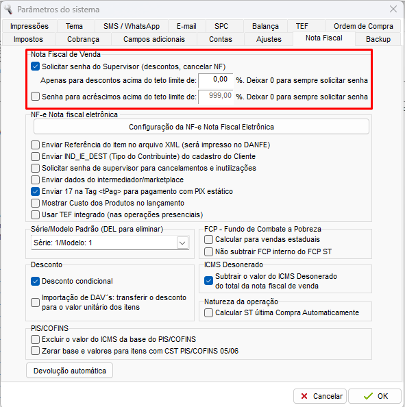 Solicitar senha do supervisor e teto limite