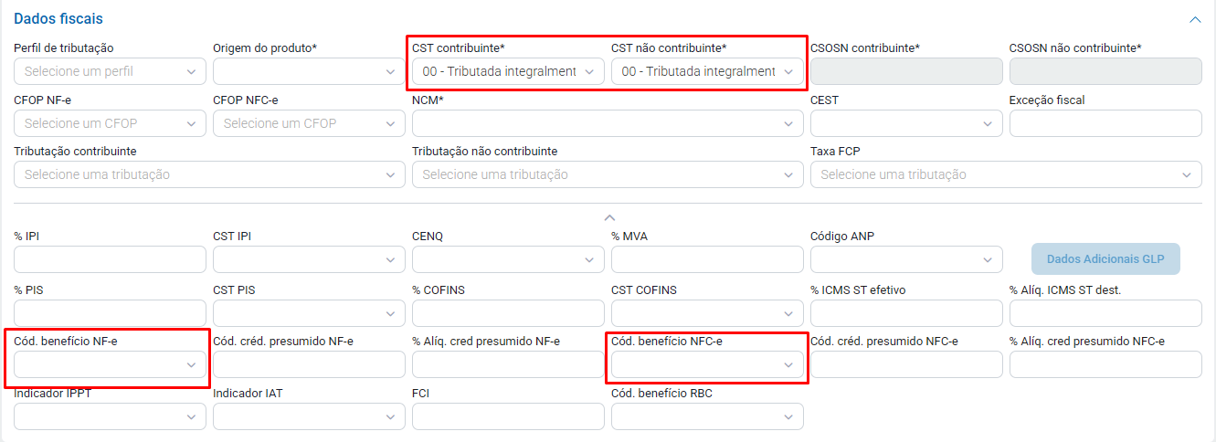 CST e CBNEF no cadastro do produto