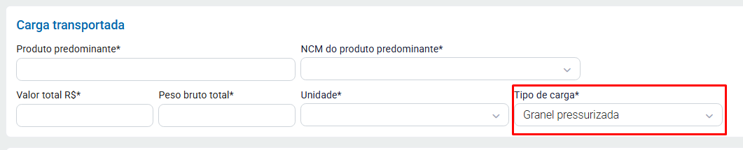 Granel pressurizada em tipo de carga