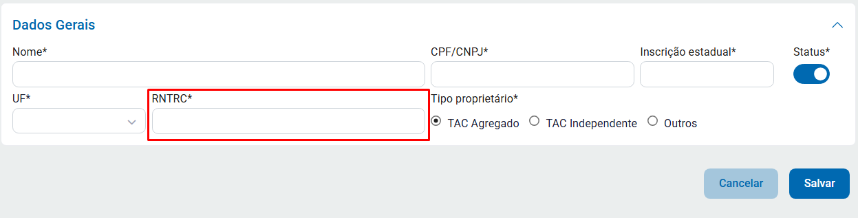 RNTRC no cadastro de terceiro