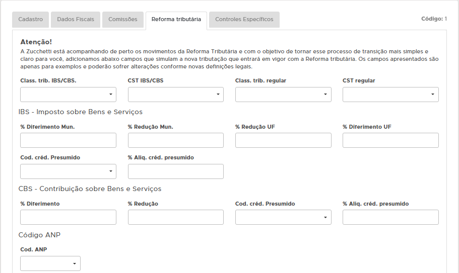 Secao Reforma Tributaria no cadastro