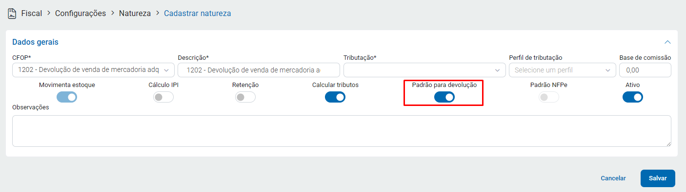 CFOP padrão de devolução em Naturezas