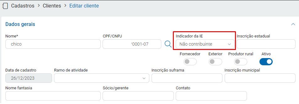 Não contribuinte no cadastro do cliente