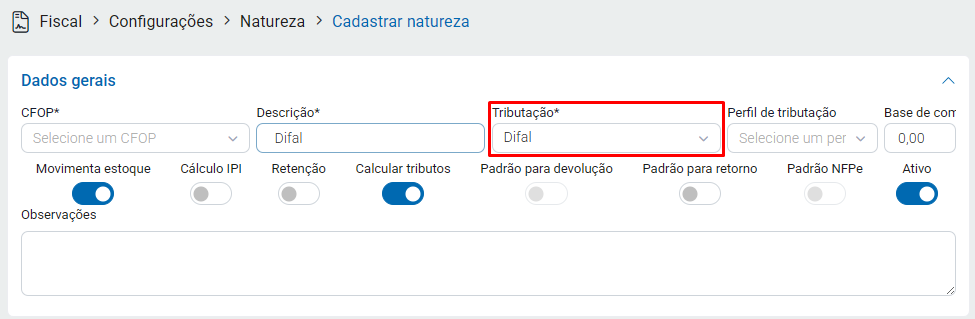 Nova natureza com alíquota de Difal