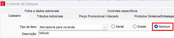 Cadastro do veículo como Nenhum