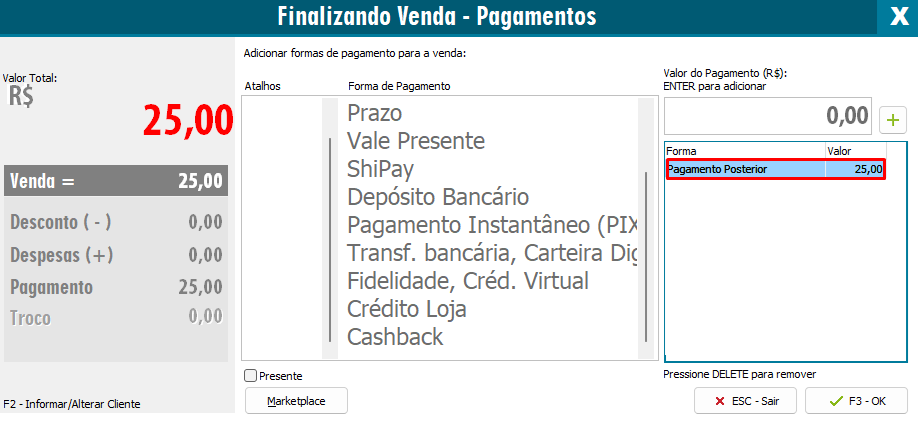 Selecionar Pagamento Posterior na NFC-e