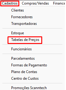 Menu Cadastros - Tabelas de Preços
