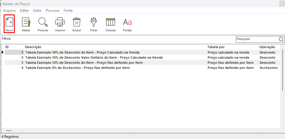 Botão Novo da tabela de preços