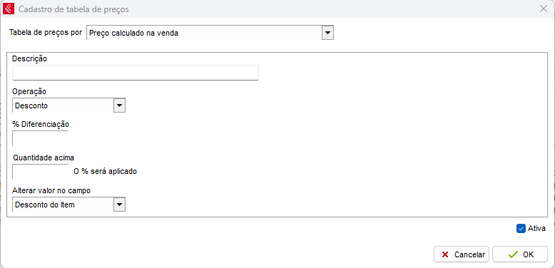 Tela de cadastro Preço calculado na venda