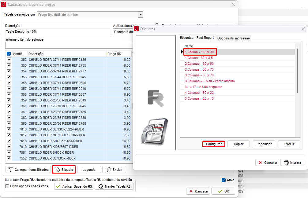 Configuração da etiqueta com o preço da tabela