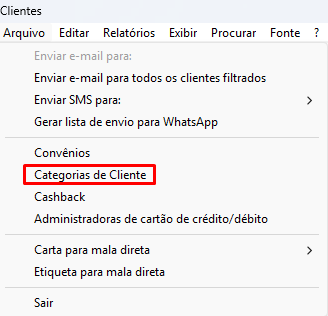 Menu Categorias de Cliente