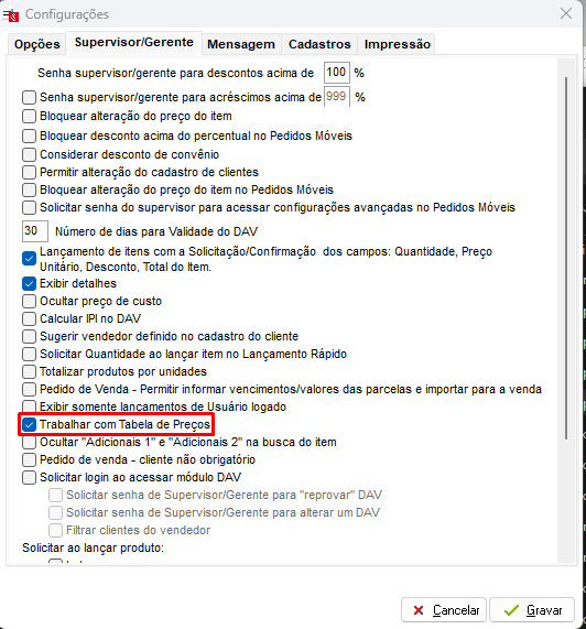Configuração de tabela de preços nas DAVs