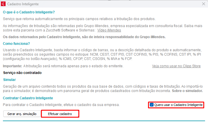 Opção Quero usar o Cadastro Inteligente