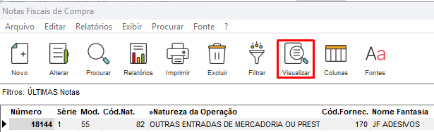 Botão Visualizar na nota de compra