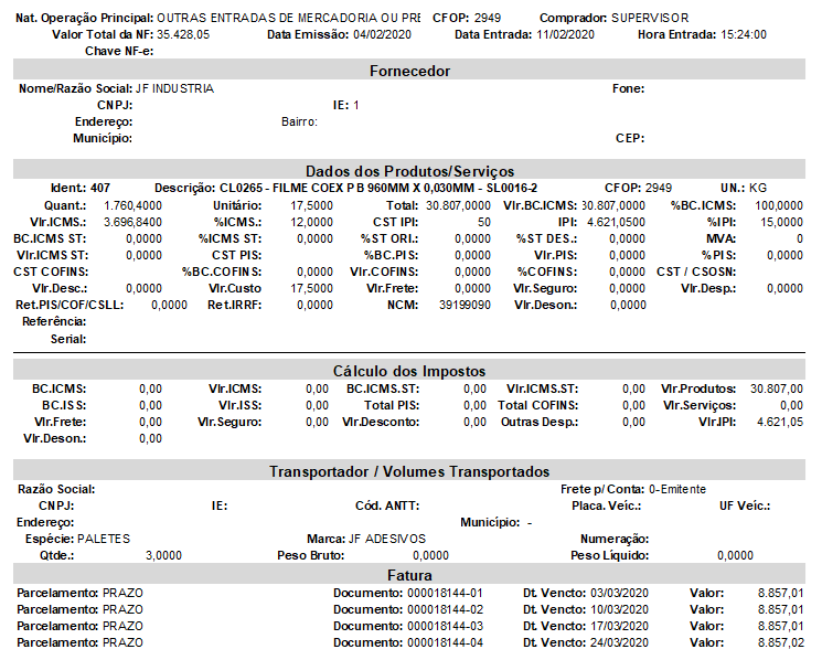 Relatório da nota de compra