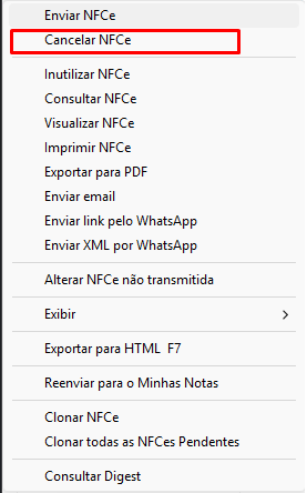 Opção Cancelar NFC-e