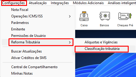 Menu de acesso à Classificação Tributária