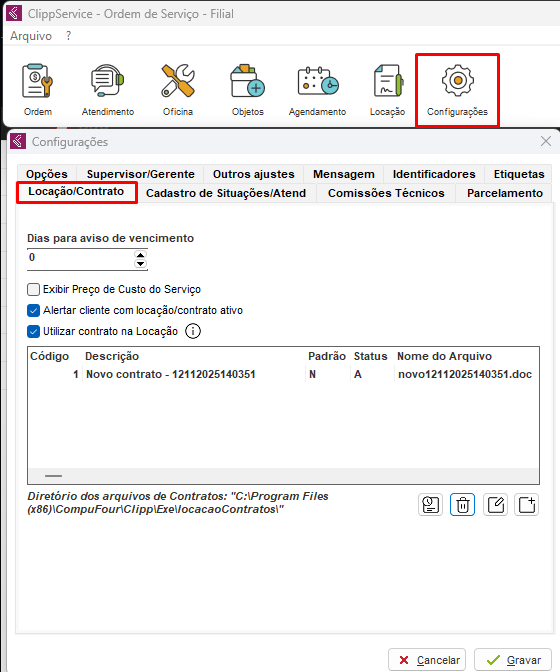 Configurações de Locação/Contrato