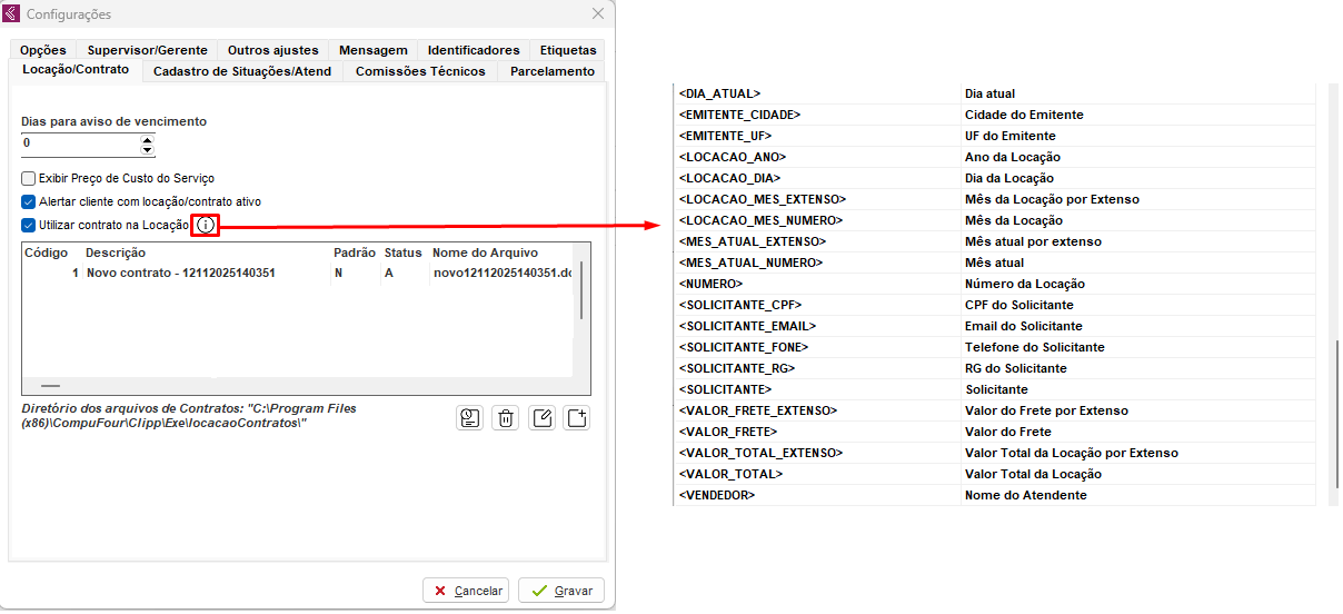 Tags disponíveis do contrato