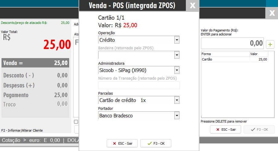 Finalização como Venda POS integrada ZPOS