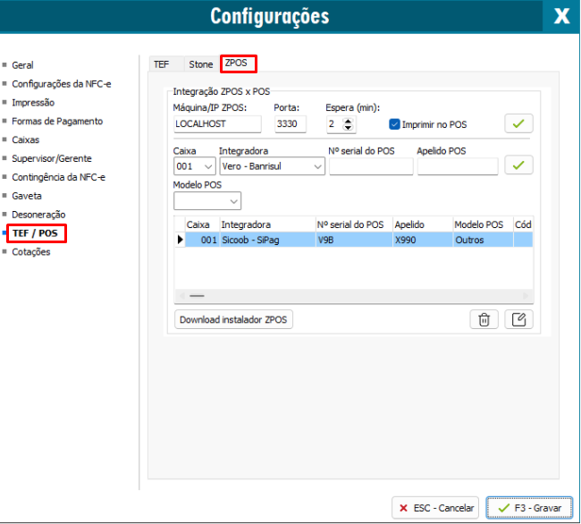 Tela de configuração do ZPOS no NFC-e