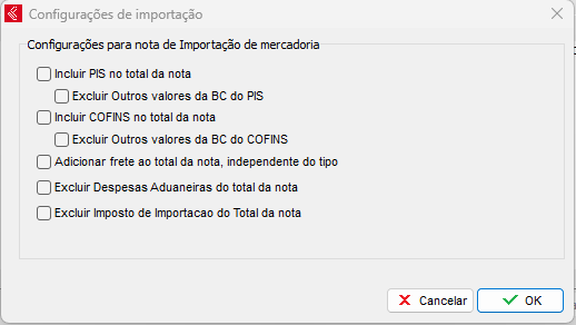 Opções de impostos no total da nota