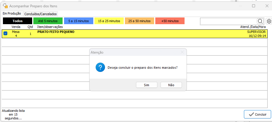 Item selecionado para concluir