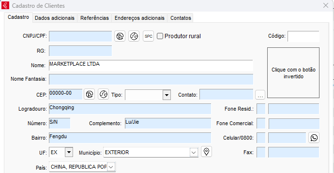Cadastro de cliente para CT-e internacional