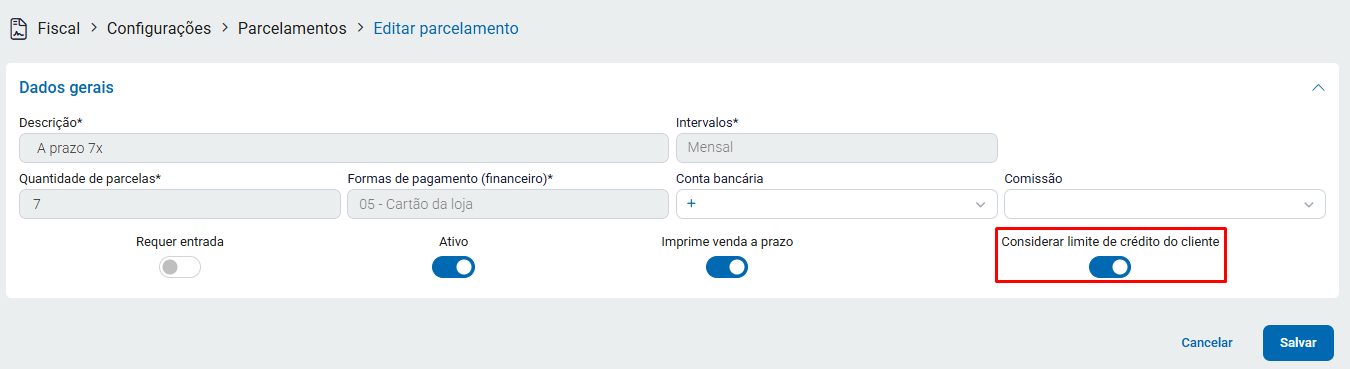Considerar limite de crédito no parcelamento