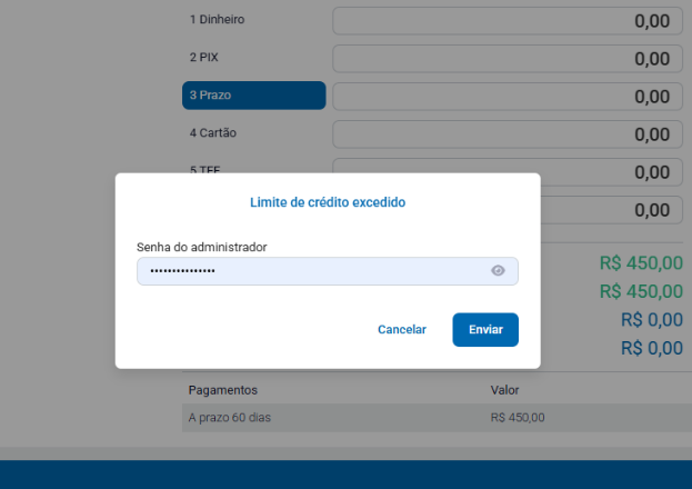 Mensagem de limite de crédito excedido