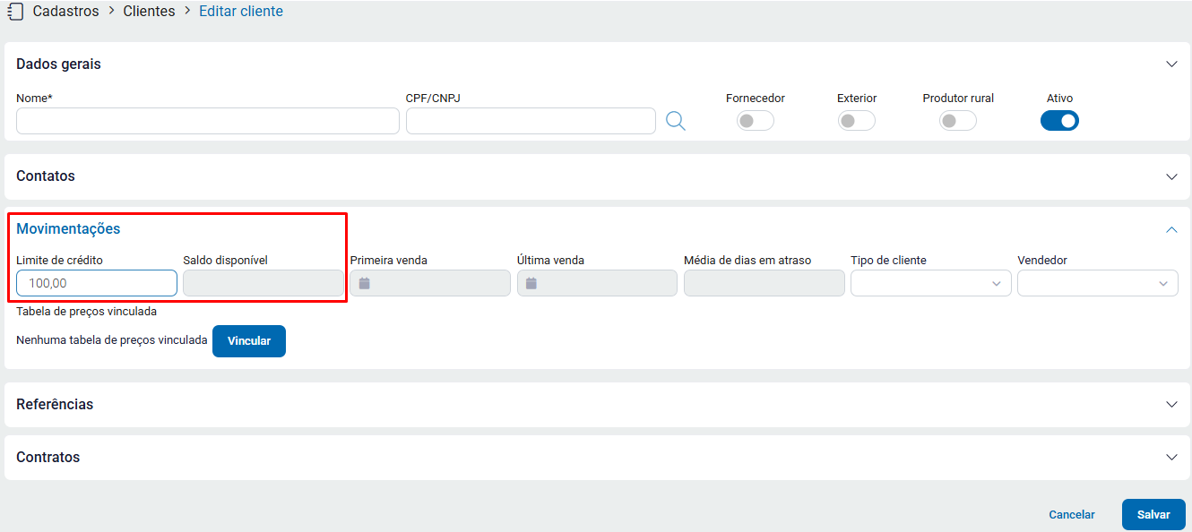 Limite de crédito no cadastro do cliente