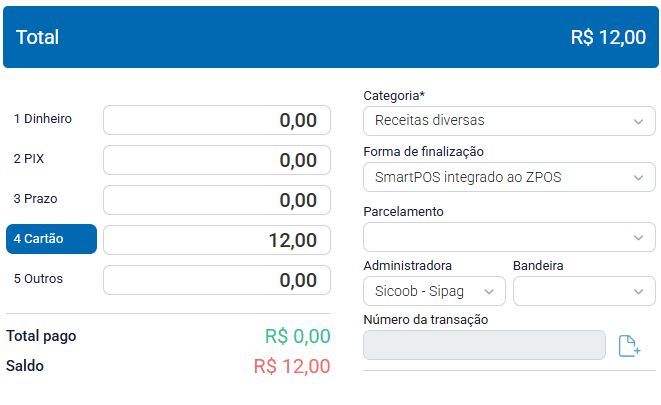 Forma de pagamento SmartPOS Sicoob Sipag