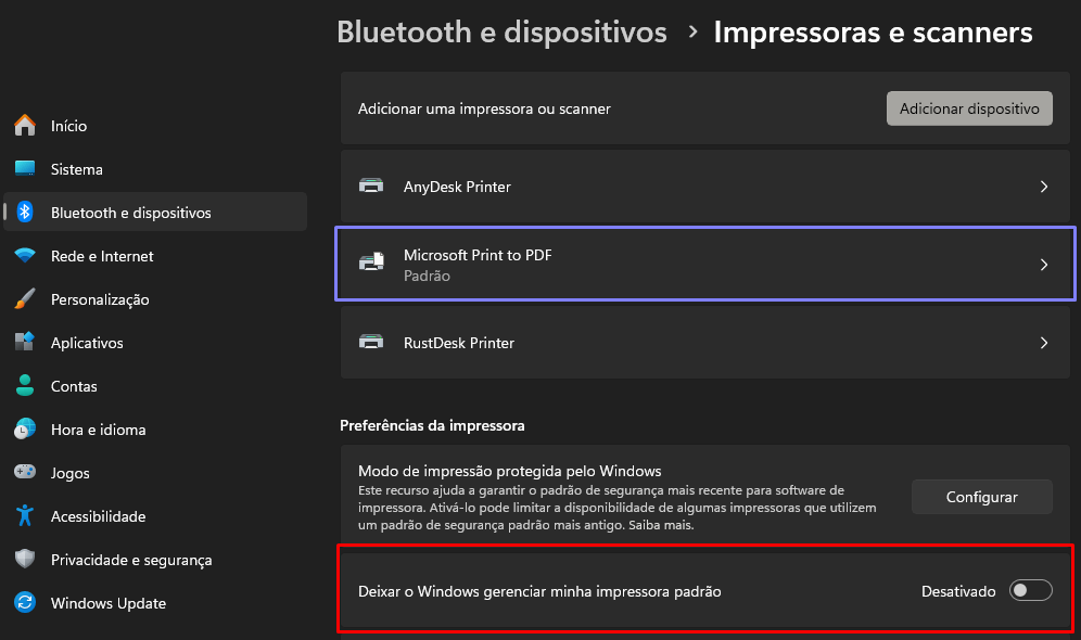 Gerenciamento da impressora padrão