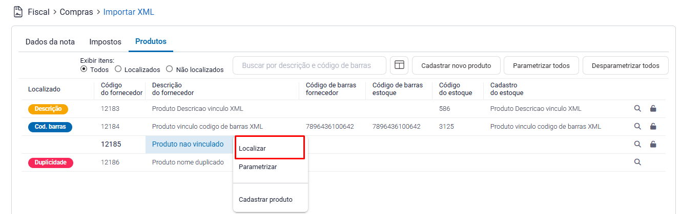 Opção Localizar do item